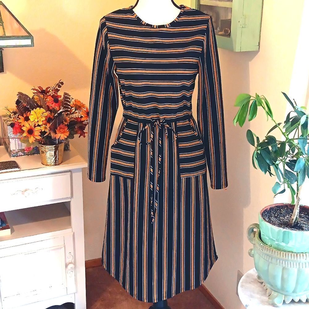 Lake Flower Black and Gold Striped Dress. Preppy, Stripes